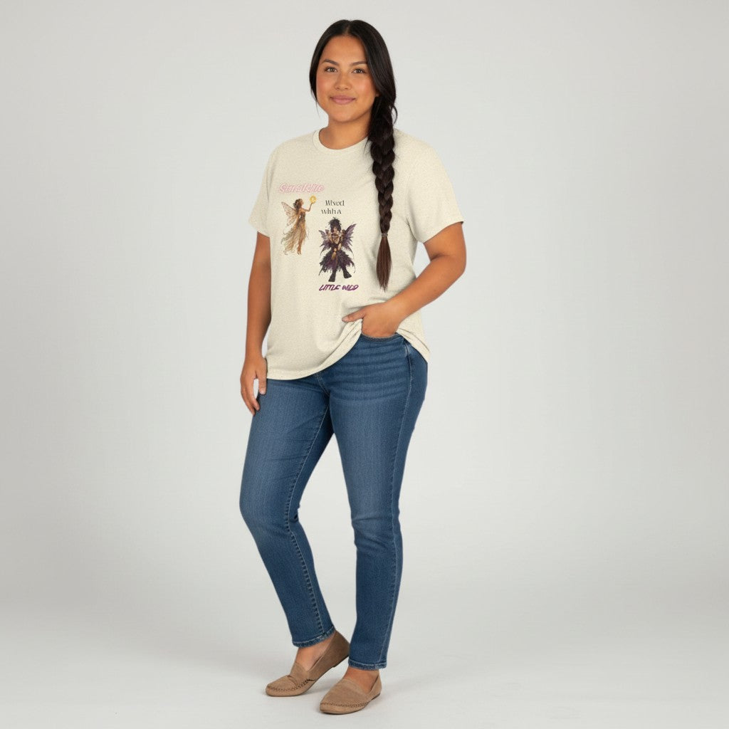 Jena Jewelry cream 100% cotton graphic tee with angel and demon fairy print and "Sunshine Mixed with a Little Wild" text.