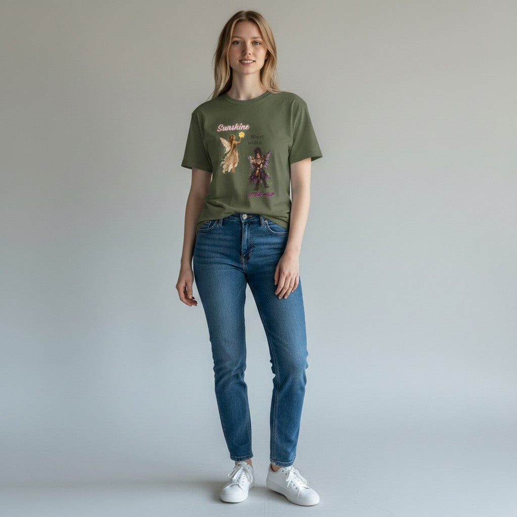 Jena Jewelry olive green 100% cotton t-shirt with "Sunshine Mixed with a Little Wild" graphic featuring two contrasting fairies.