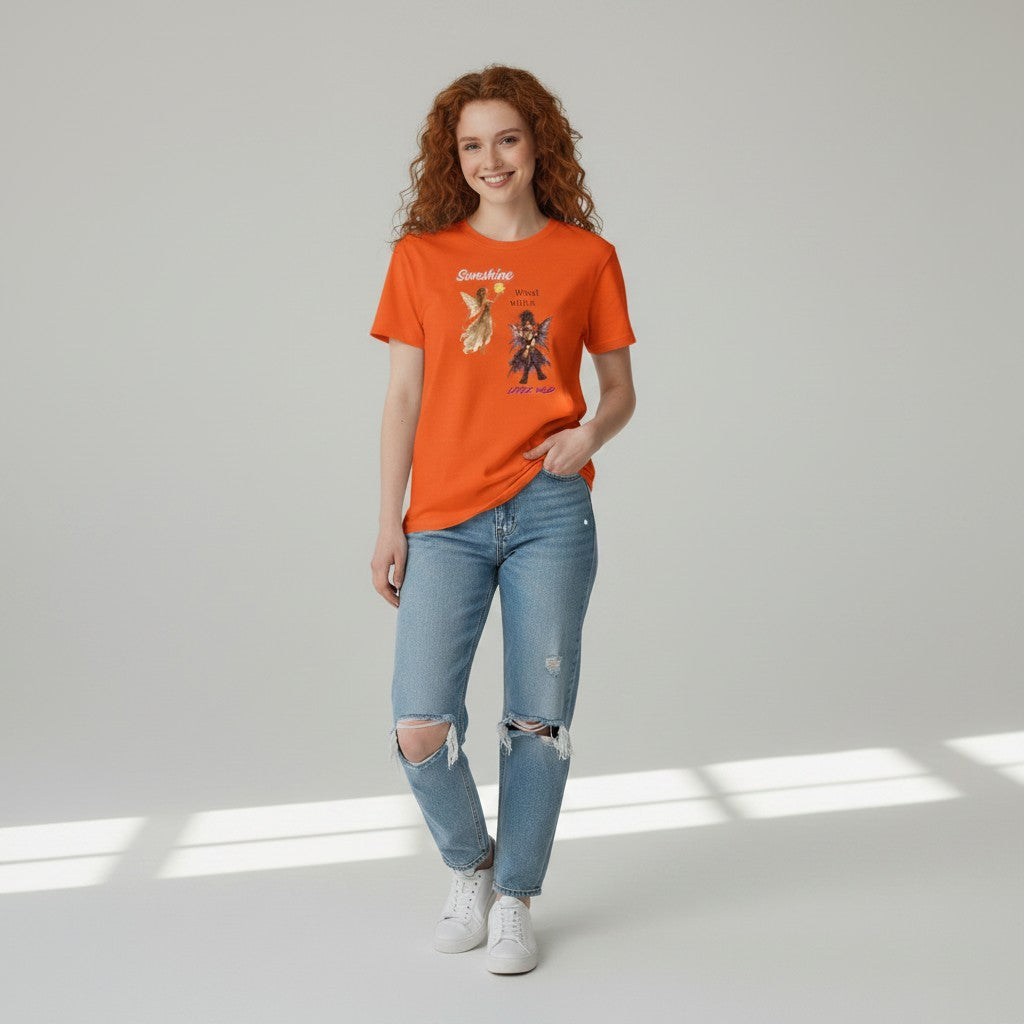 Jena Jewelry orange 100% cotton graphic tee with angel and demon fairy art. Features "Sunshine Mixed with a Little Wild" text.