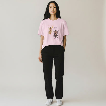 Jena Jewelry pink cotton graphic tee with angel and demon fairy art, "Sunshine Mixed With A Little Wild" text.