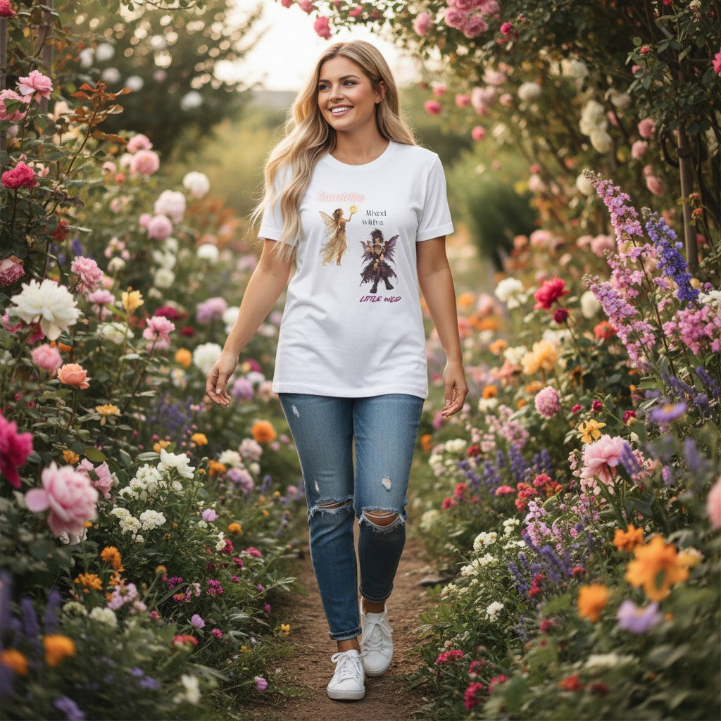 Jena Jewelry white 100% cotton graphic tee with angel and demon fairy art, "Sunshine Mixed with a Little Wild" text.
