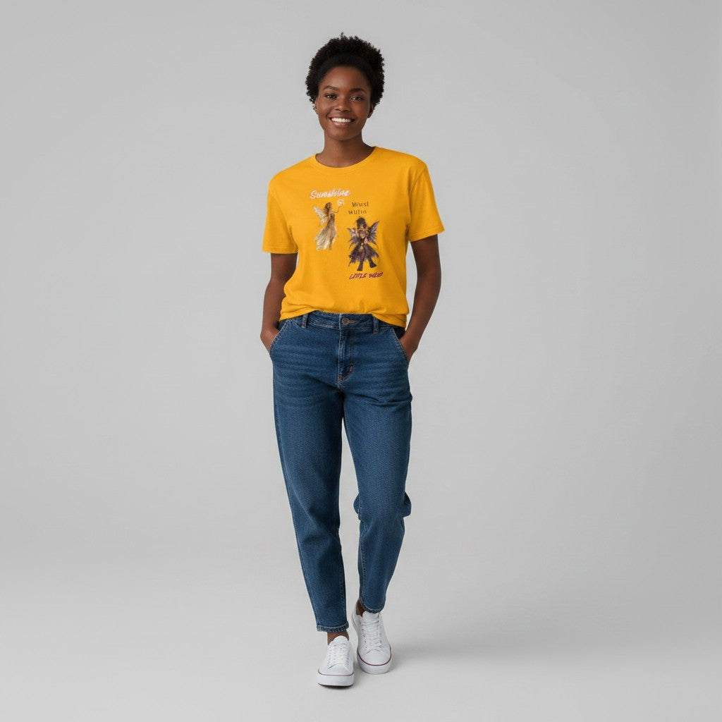 Jena Jewelry yellow 100% cotton graphic tee with angel and demon fairy art and "Sunshine Mixed with a Little Wild" text.