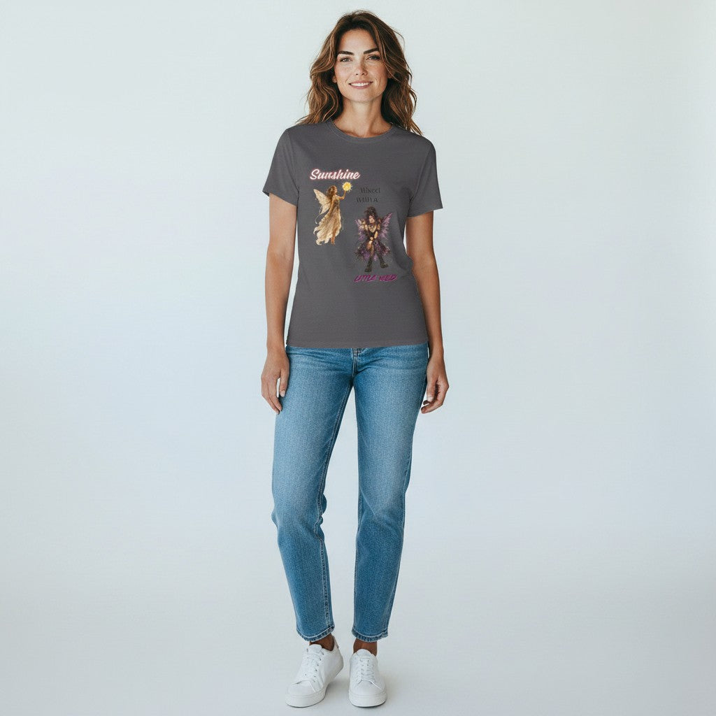 Jena Jewelry dark grey 100% cotton t-shirt with "Sunshine Mixed with a Little Wild" graphic featuring an angel and a fairy.