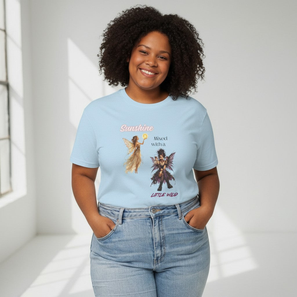 Jena Jewelry light blue 100% cotton t-shirt with "Sunshine Mixed with a Little Wild" graphic featuring an angel and a fairy.