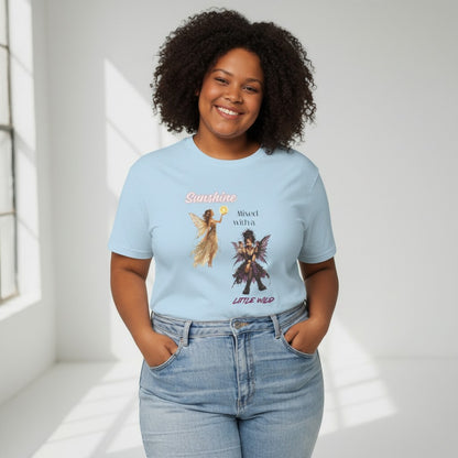 Jena Jewelry light blue 100% cotton t-shirt with "Sunshine Mixed with a Little Wild" graphic featuring an angel and a fairy.