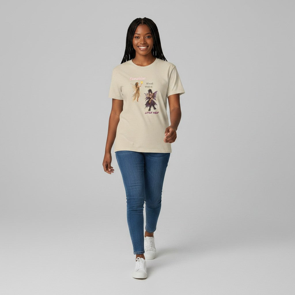 Jena Jewelry tan 100% cotton t-shirt with "Sunshine Mixed with a Little Wild" graphic featuring an angel and a fairy.