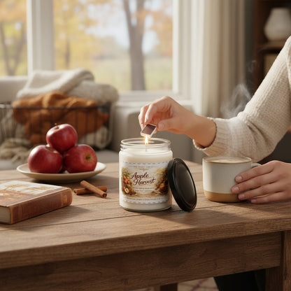 Jena Jewelry Apple Harvest soy candle being lit with a match, surrounded by apples and cinnamon sticks.