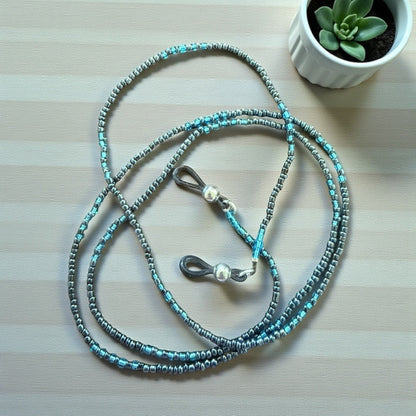 Jena Jewelry handcrafted seed bead wrap and glasses holder in silver and blue with grey loops and silver bead accents.