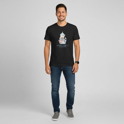 Jena Jewelry black 100% cotton t-shirt with a cute sailor bear graphic and the words "Adventure Is Calling".