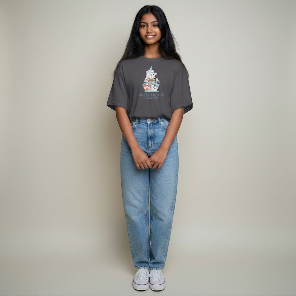 Jena Jewelry charcoal grey 100% cotton t-shirt with a cute sailor bear graphic and the words "Adventure Is Calling".