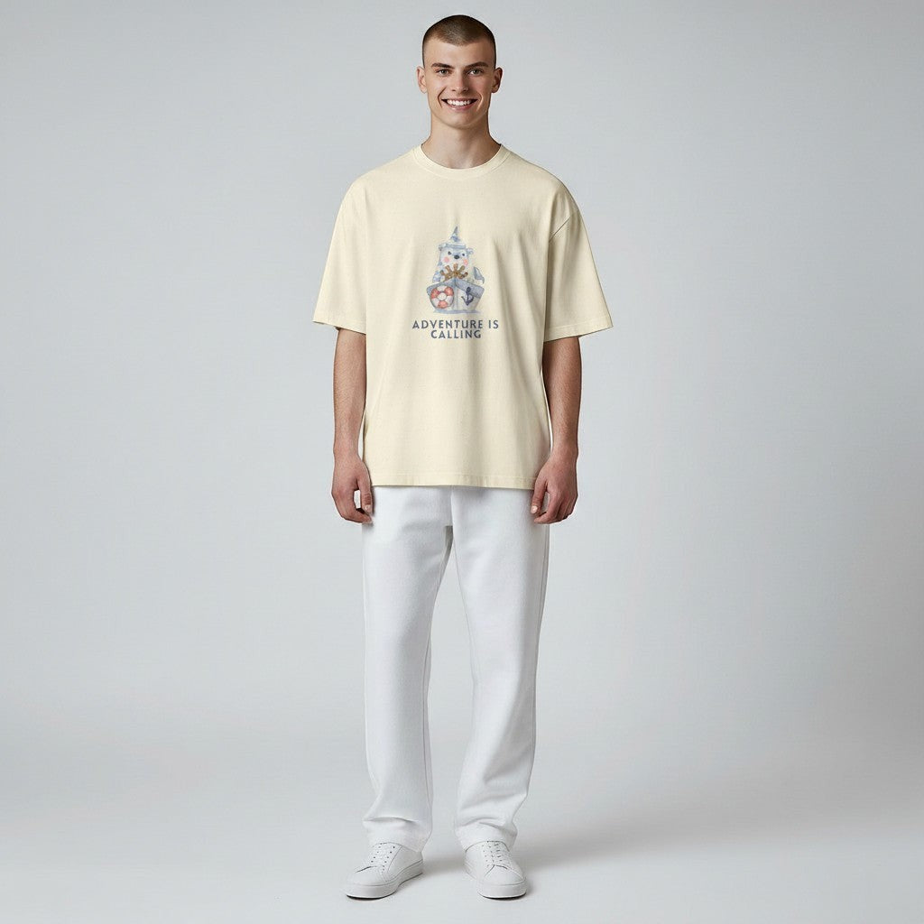 Jena Jewelry cream 100% cotton t-shirt with a cute sailor bear graphic and "Adventure Is Calling" text.