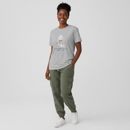Jena Jewelry grey 100% cotton t-shirt with a cute sailor bear graphic and the words "Adventure Is Calling".