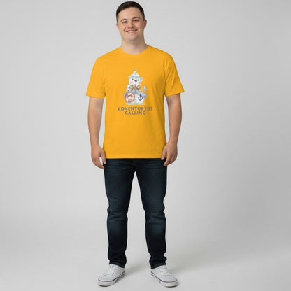 Jena Jewelry yellow 100% cotton t-shirt with a cute sailor bear at the helm of a ship graphic and the text "Adventure Is Calling".
