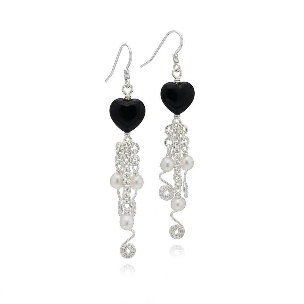 Jena Jewelry black porcelain heart earrings with freshwater pearls and silver chainmaille