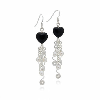 Jena Jewelry black porcelain heart earrings with freshwater pearls and silver chainmaille