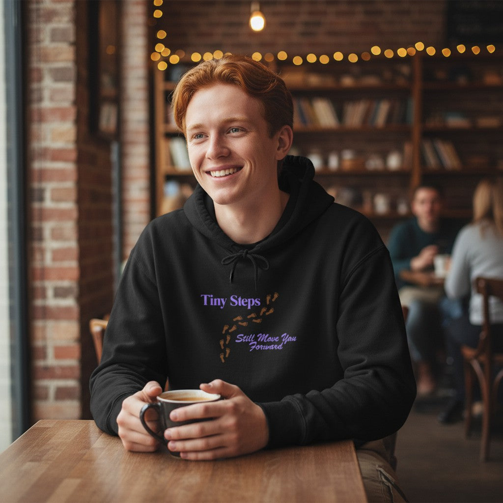 Jena Jewelry black cotton-poly blend hoodie with "Tiny Steps" graphic and inspirational text.