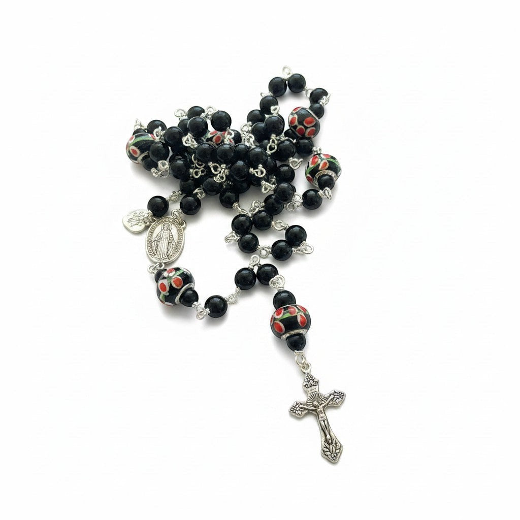 Jena Jewelry hand-wrapped rosary with black obsidian beads and floral lampwork glass beads, silver crucifix and medallion.
