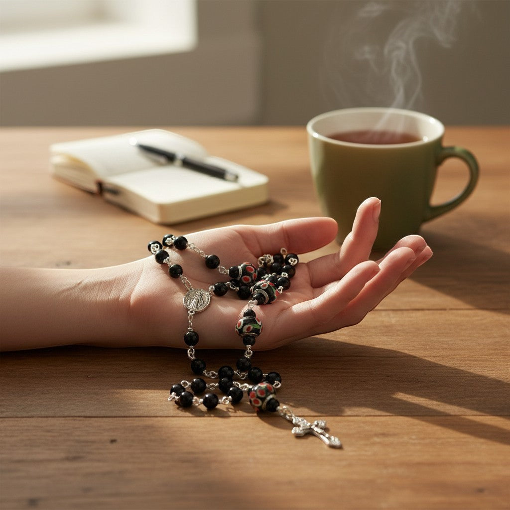 Jena Jewelry hand-wrapped rosary with black obsidian beads and floral lampwork glass beads, featuring a base metal crucifix.