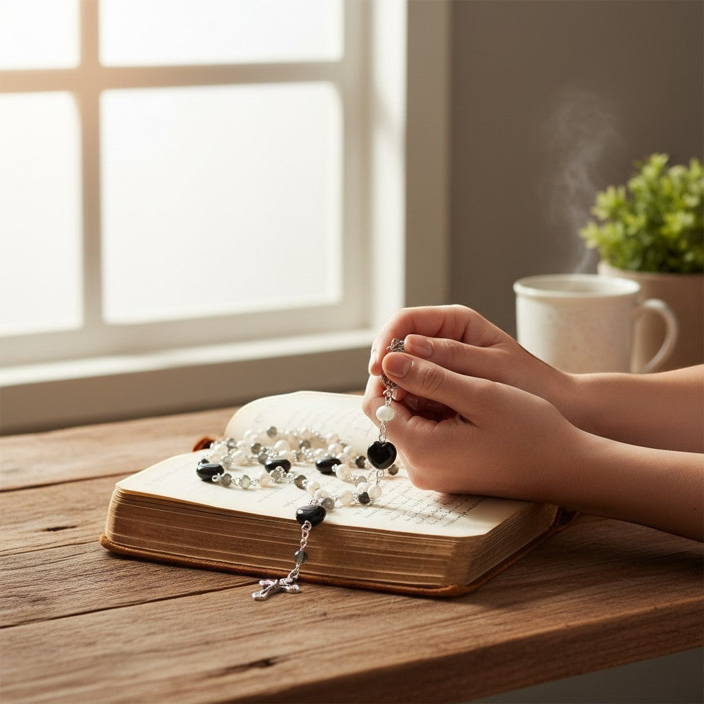 Jena Jewelry rosary with freshwater pearls, black onyx, and porcelain heart beads, held by hands over an open book.