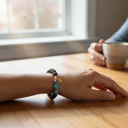 Jena Jewelry bracelet with ebony blackwood, imperial jasper, and hematite beads. Features a gold charm.