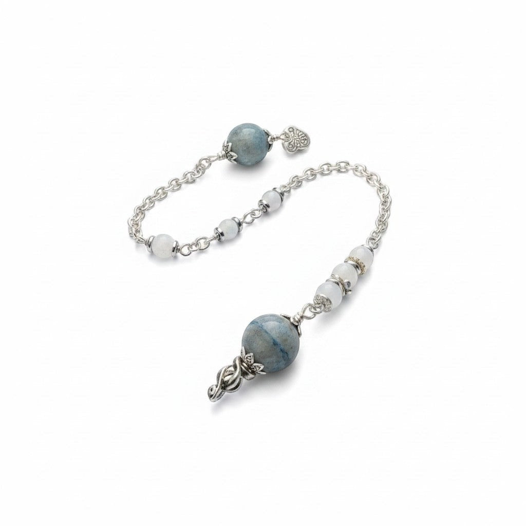 Jena Jewelry Blue Aventurine, Snow Jade & Hematite pendulum with chainmaille handle for divination and healing.