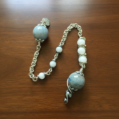 Jena Jewelry pendulum with blue aventurine, snow jade, and hematite beads and chainmaille handle.