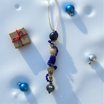Jena Jewelry handcrafted blue and silver beaded icicle ornament with jingle bells and a heart charm.