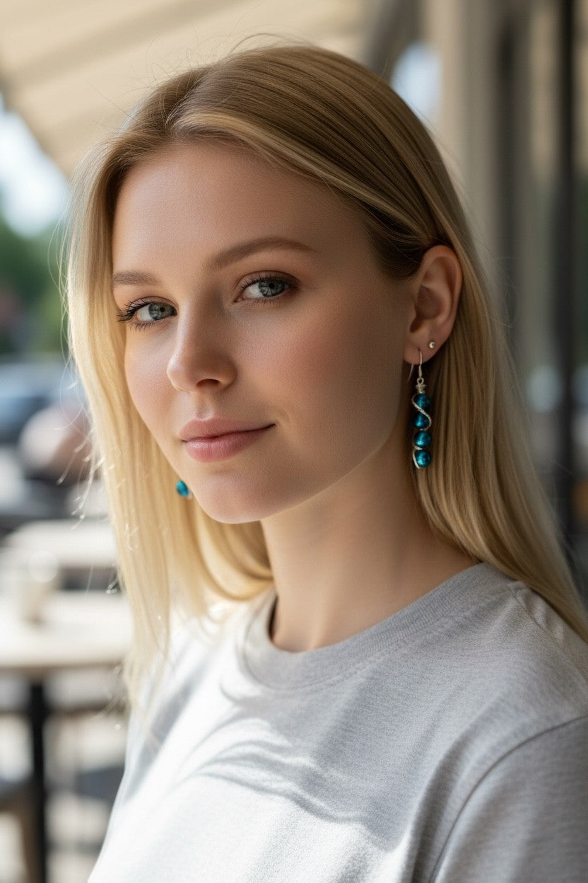 Jena Jewelry stacked drop earrings with blue glass beads and silver-tone wire wrapping. Hypoallergenic ear wires.