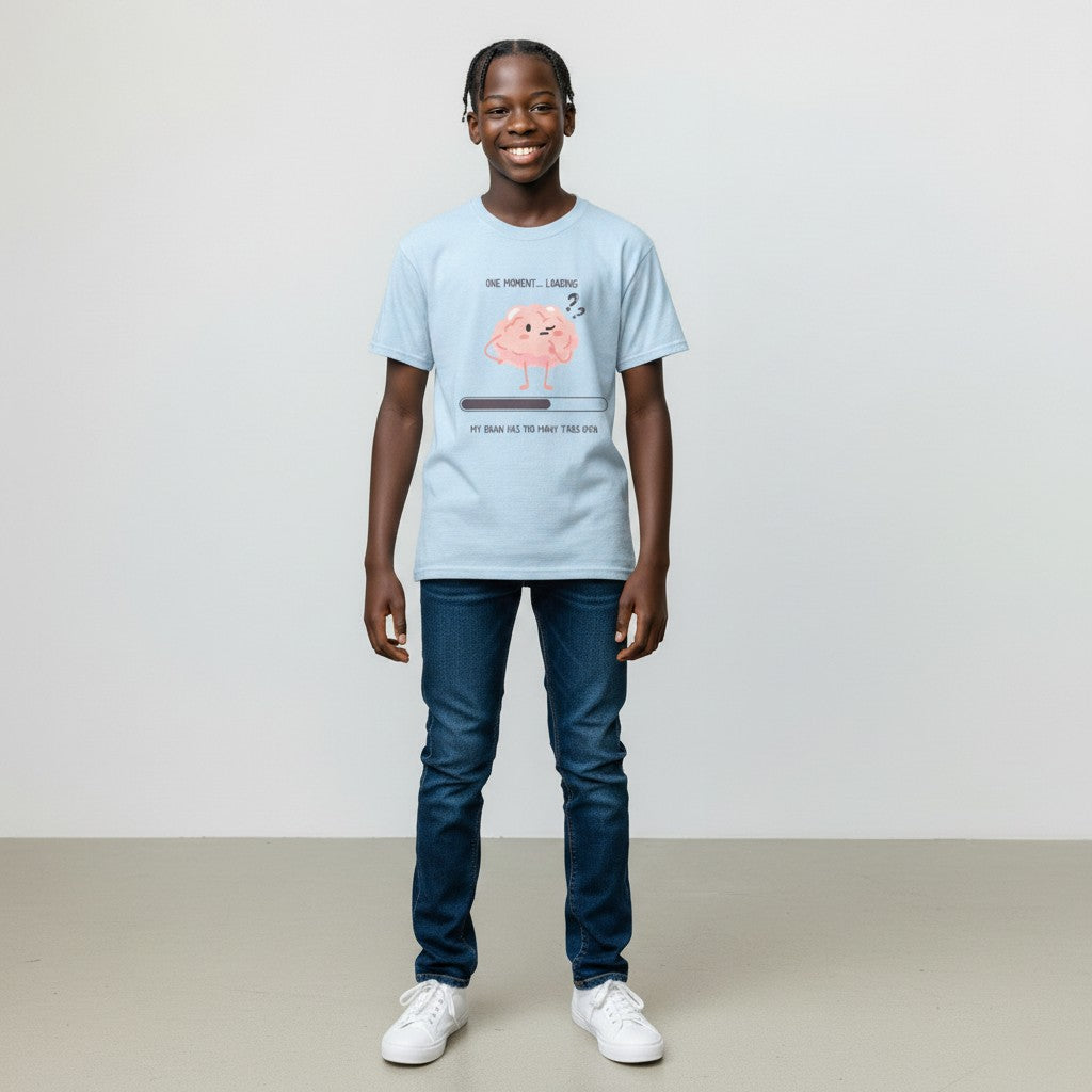 Jena Jewelry light blue 100% cotton t-shirt with a cute pink brain graphic and loading bar saying "My brain has too many tabs open."