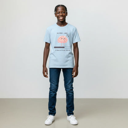 Jena Jewelry light blue 100% cotton t-shirt with a cute pink brain graphic and loading bar saying "My brain has too many tabs open."