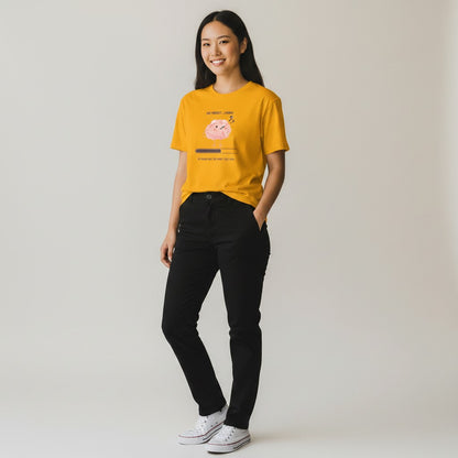 Jena Jewelry yellow 100% cotton t-shirt with a cute pink brain graphic and "One Moment... Loading – My Brain Has Too Many Tabs Open" text.
