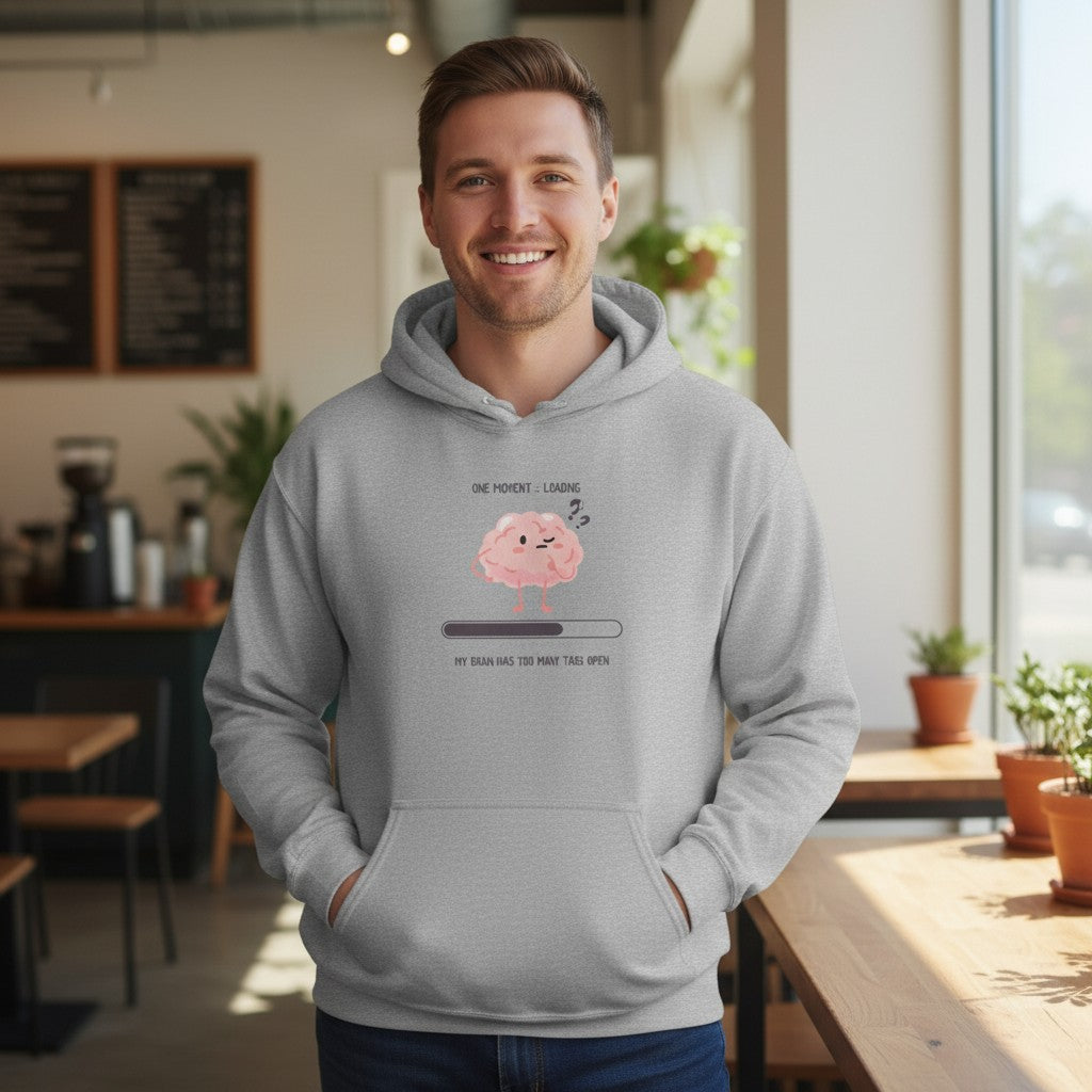 Jena Jewelry light grey cotton-poly blend hoodie with a pink brain loading graphic and text "MY BRAIN HAS TOO MANY TABS OPEN".