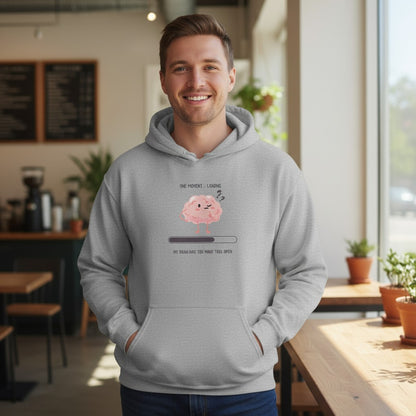Jena Jewelry light grey cotton-poly blend hoodie with a pink brain loading graphic and text "MY BRAIN HAS TOO MANY TABS OPEN".