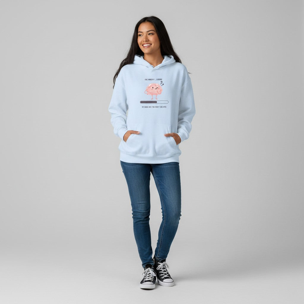 Jena Jewelry light blue cotton-poly blend hoodie with a cute pink brain graphic and loading bar that says "My Brain Has Too Many Tabs Open."