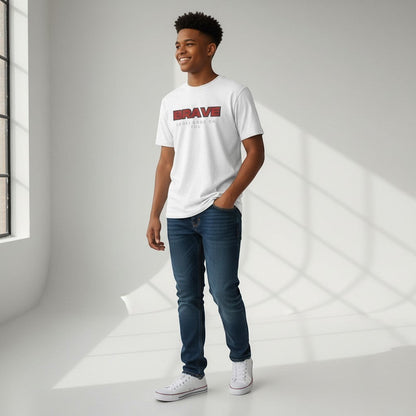Jena Jewelry white 100% cotton crewneck t-shirt with bold red "BRAVE" graphic and smaller text "LOOKS GOOD ON YOU".