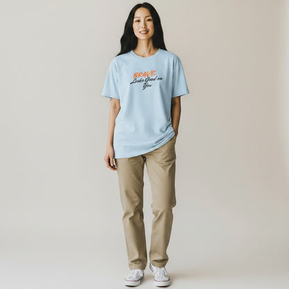 Jena Jewelry light blue 100% cotton t-shirt with "BRAVE Looks Good on You" graphic print. Classic fit, crew neck.