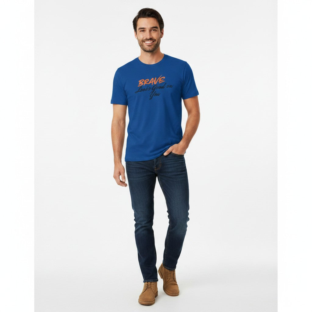 Jena Jewelry royal blue 100% cotton t-shirt with "BRAVE Looks Good on You" graphic print. Short sleeves, crew neck.