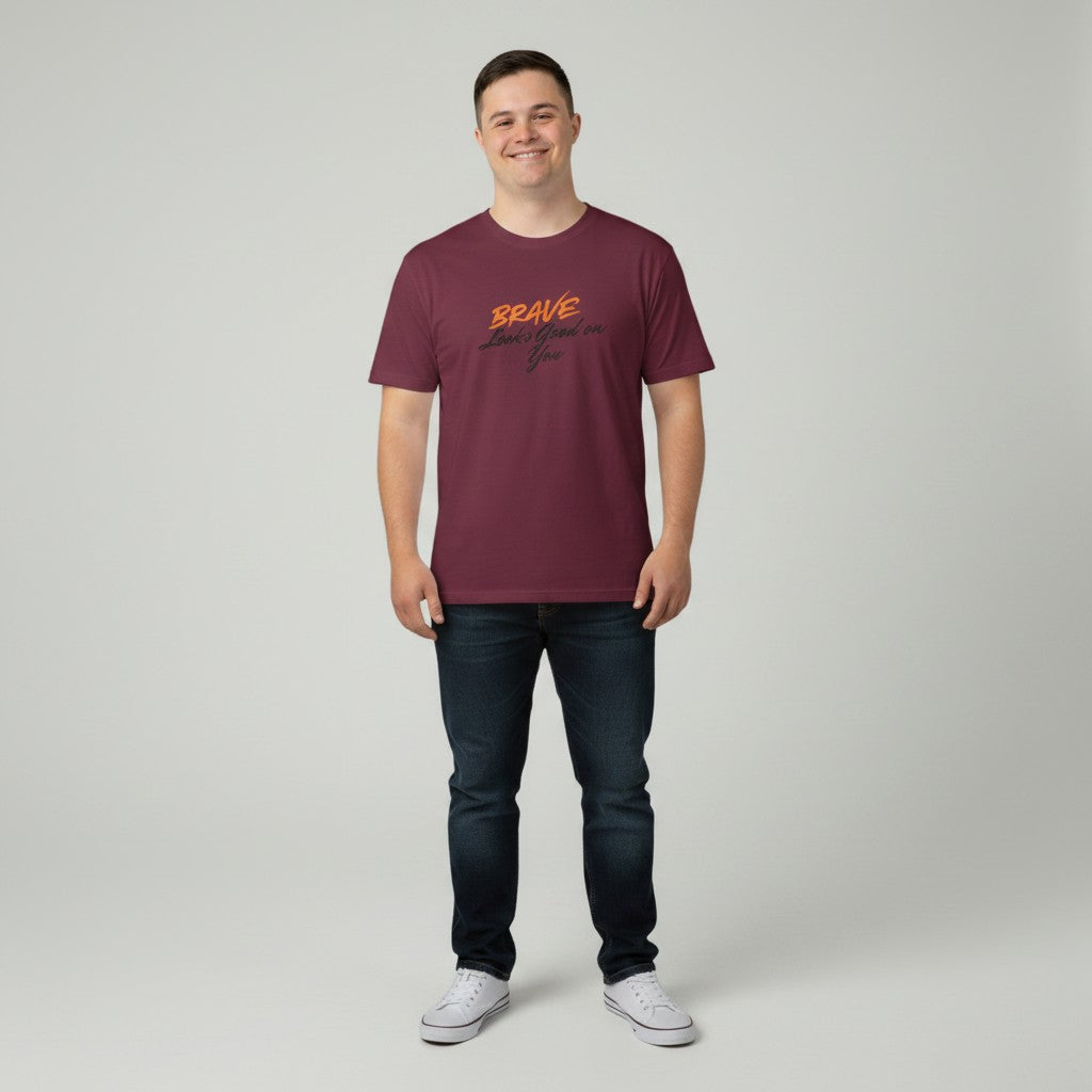 Jena Jewelry maroon 100% cotton t-shirt with orange and black "BRAVE Looks Good on You" graphic print. Classic fit, crew neck.