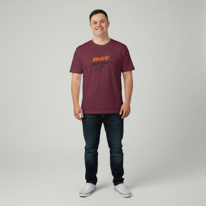 Jena Jewelry maroon 100% cotton t-shirt with orange and black "BRAVE Looks Good on You" graphic print. Classic fit, crew neck.