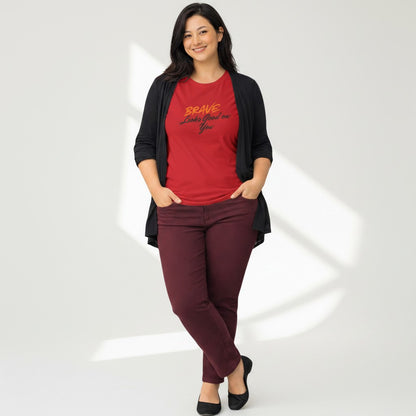 Jena Jewelry red cotton t-shirt with "BRAVE Looks Good on You" graphic print. Classic fit, short sleeves.