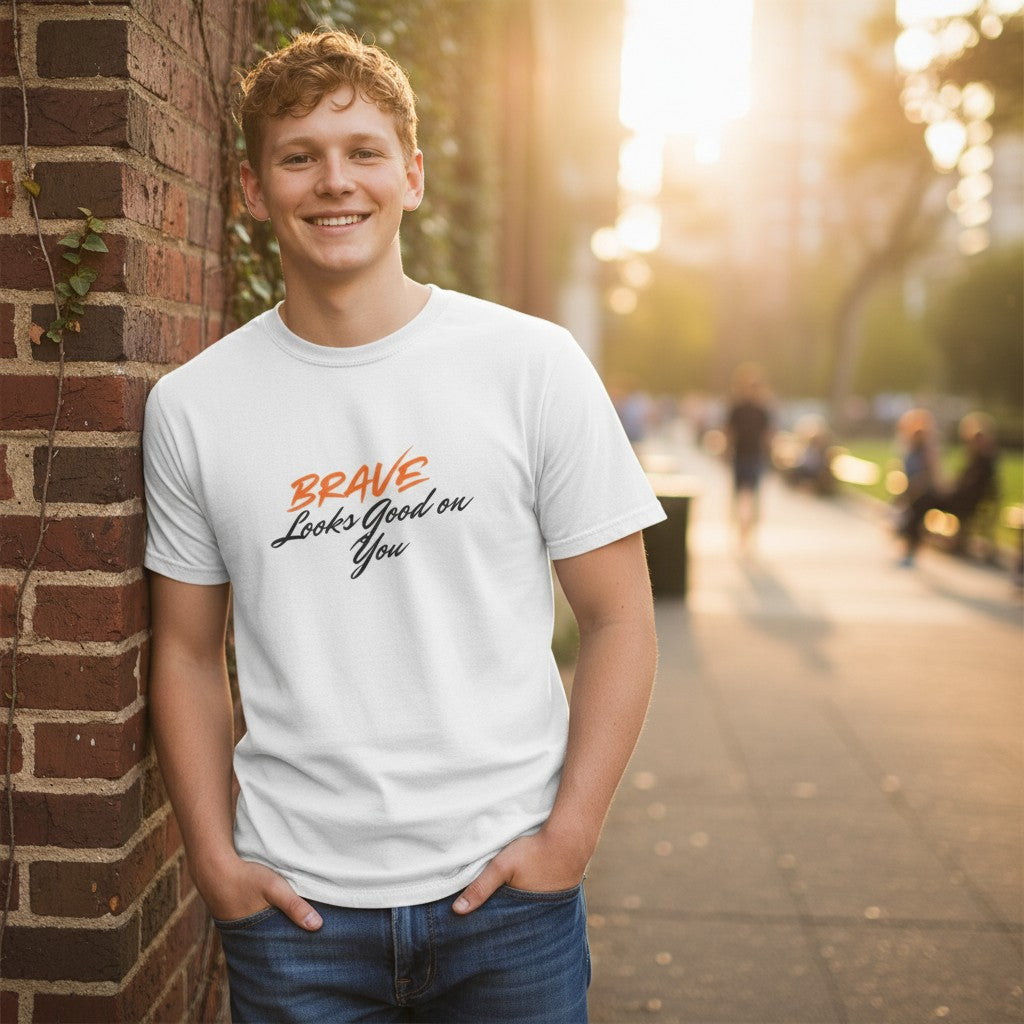 Jena Jewelry white cotton t-shirt with orange and black "BRAVE Looks Good on You" graphic print. Classic fit.