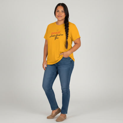Jena Jewelry yellow 100% cotton t-shirt with "BRAVE Looks Good on You" graphic print. Classic fit, crew neck.