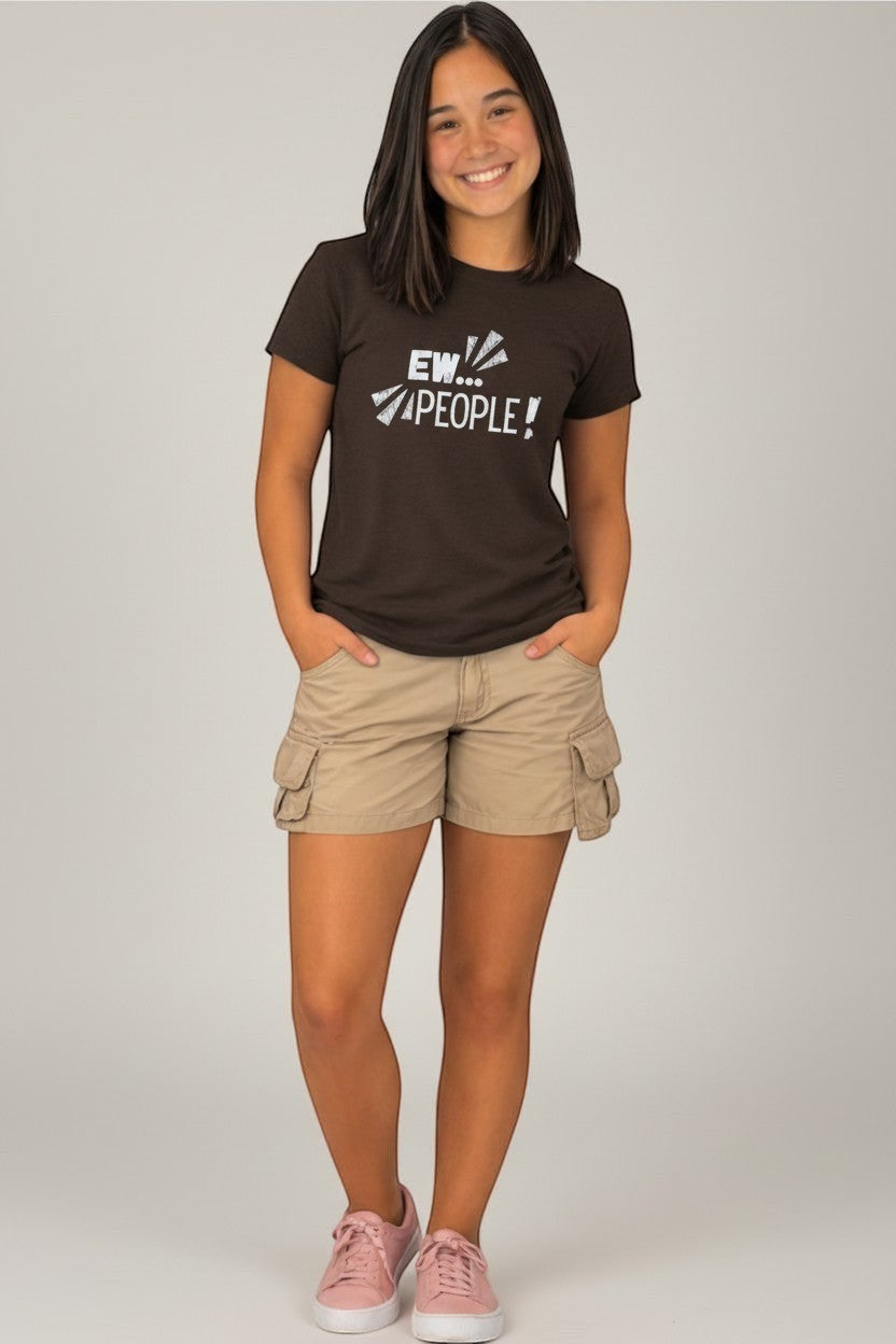 Jena Jewelry brown 100% cotton t-shirt with white "EW... PEOPLE!" graphic print, relaxed fit, crewneck, short sleeves.