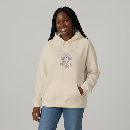 Jena Jewelry cream cotton-polyester blend hoodie with a faded lavender butterfly graphic and text "And Then She Almost Forgot" on the chest.
