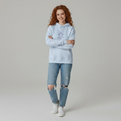 Jena Jewelry light blue cotton-polyester blend hoodie with a faded lavender butterfly graphic and text "And Then She Almost Forgot" on the chest.