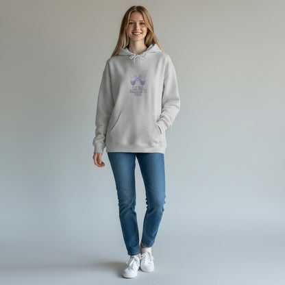 Jena Jewelry light grey heathered cotton-polyester blend hoodie with a faded lavender butterfly graphic and text reading "And Then She Almost Forgot" on the chest.