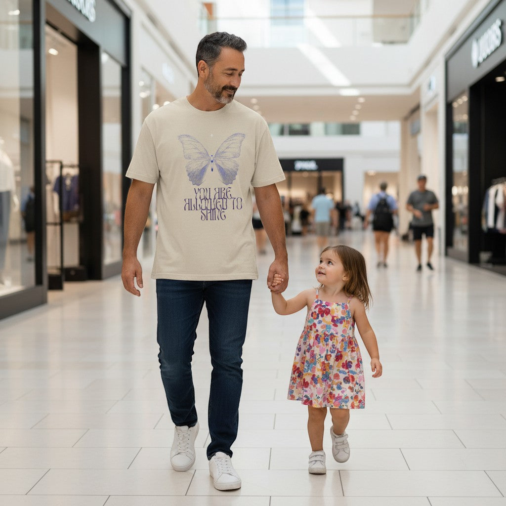 Jena Jewelry men's beige 100% cotton t-shirt with a purple butterfly graphic and "You Are Allowed to Shine" text.