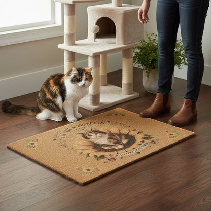 Jena Jewelry coir doormat with a calico cat and sunflower design, featuring the text I am the queen of my own world.
