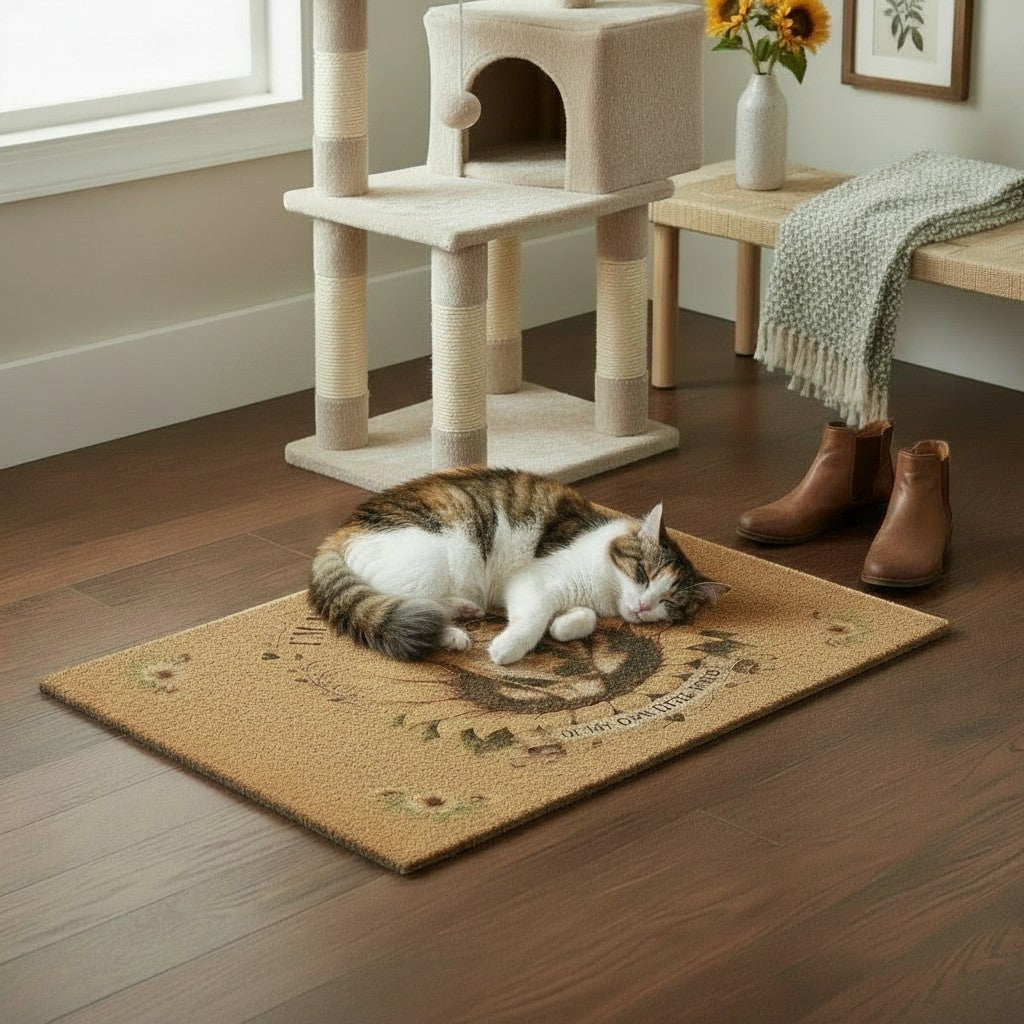 Jena Jewelry calico cat queen sunflower coir doormat with a real cat sleeping on it in a cozy home entryway.