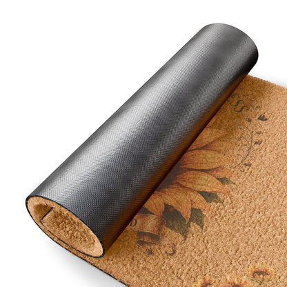 Jena Jewelry coir doormat with calico cat and sunflower design, featuring a black anti-slip vinyl backing.